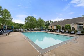 Bloomfield apartment for rent - A large swimming pool surrounded by lounge chairs and trees.