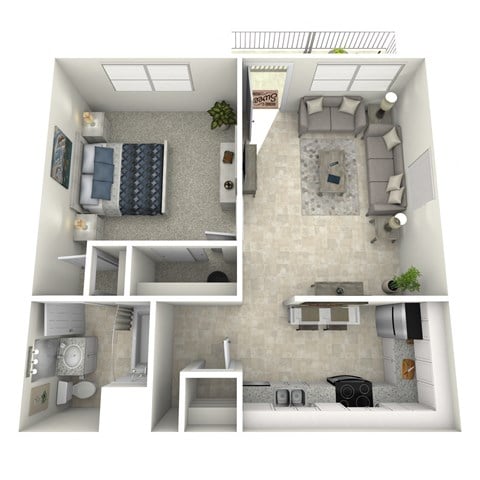 Floor plan for 1 bed, 1 bath, 613 sqft