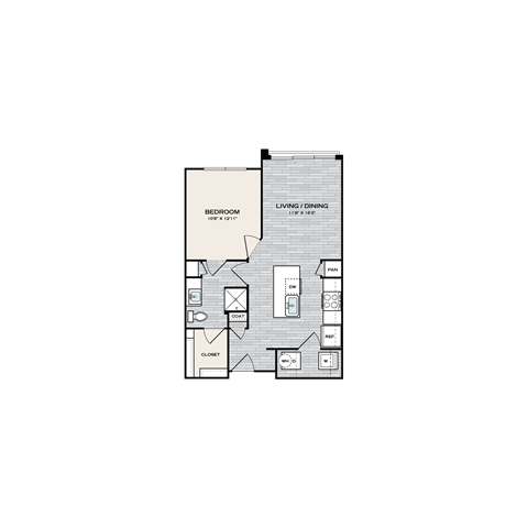 Floor plan for 1 bed, 1 bath, 684 sqft