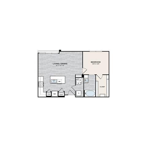 Floor plan for 1 bed, 1 bath, 771 sqft
