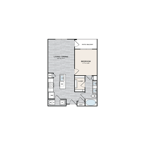 Floor plan for 1 bed, 1 bath, 810 sqft