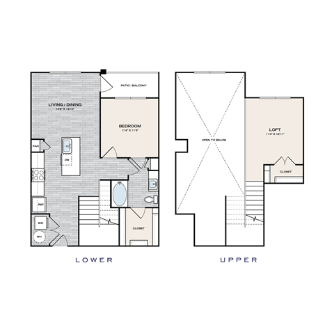Floor plan for 1 bed, 1 bath, 987 sqft