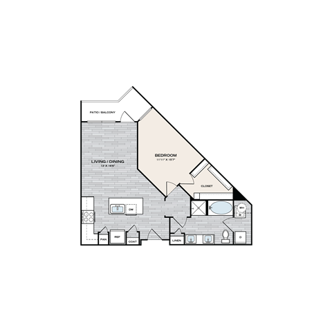Floor plan for 1 bed, 1 bath, 803 sqft