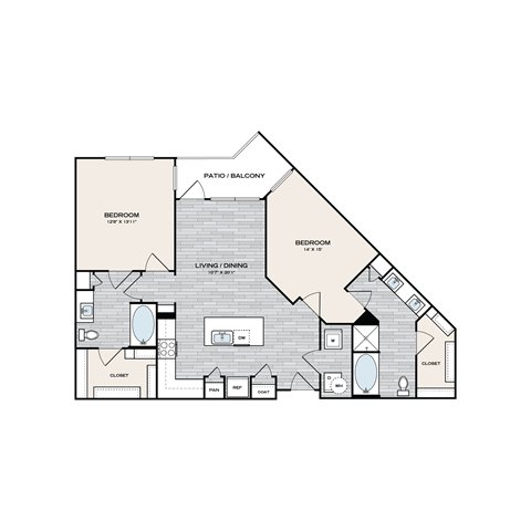 Floor plan for 2 beds, 2 baths, 1147 sqft