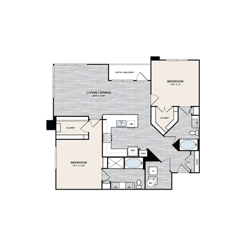 Floor plan for 2 beds, 2 baths, 1341 sqft