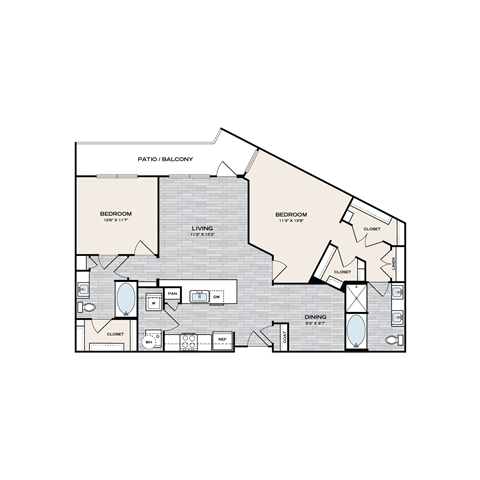 Floor plan for 2 beds, 2 baths, 1280 sqft