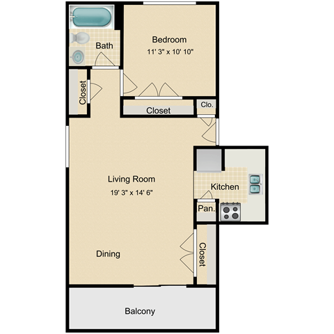 Floor plan for 1 bed, 1 bath, 775 sqft