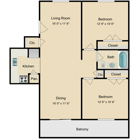 Floor plan for 2 beds, 1 bath, 875 sqft