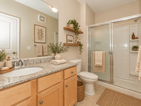 Simsbury apartment for rent - A bathroom with a sink, toilet, and shower.