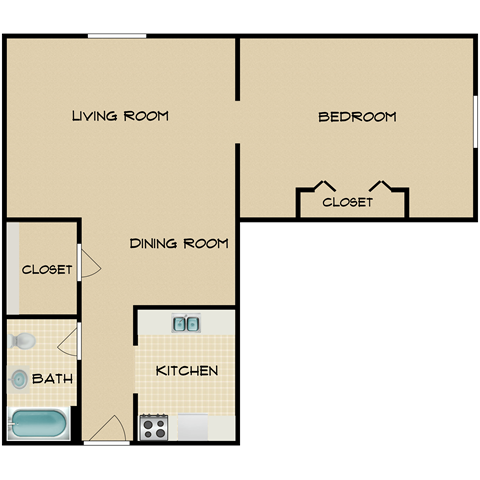 Floor plan for 1 bed, 1 bath, 855 sqft
