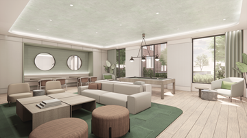 Hicksville apartment for rent - A modern living room with a green rug and a glass wall.