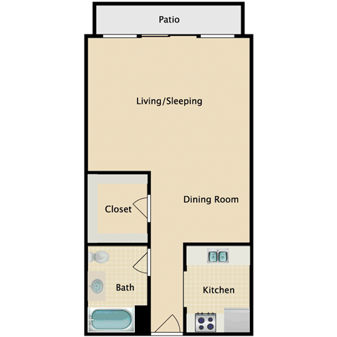 Floor plan for studio, 1 bath, 525 sqft