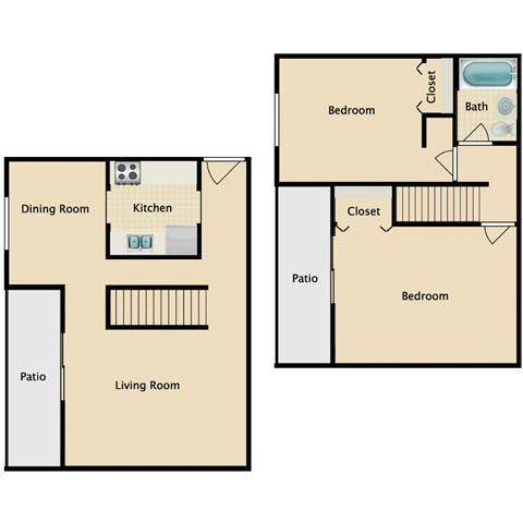 Floor plan for 2 beds, 1 bath, 950 sqft
