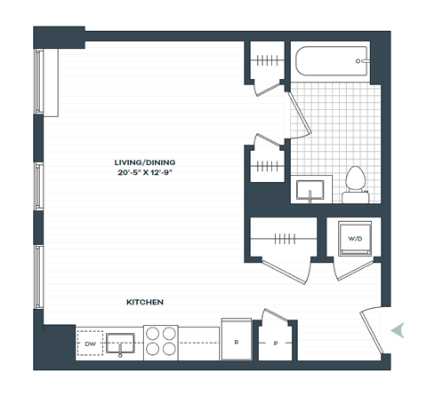 Floor plan for studio, 1 bath, 458 sqft