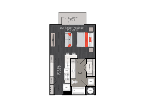 Floor plan for studio, 1 bath, 504 sqft