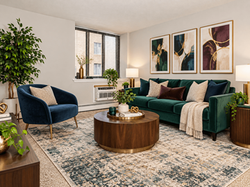 Middletown apartment for rent - A living room with a blue chair, a green couch, and a coffee table.