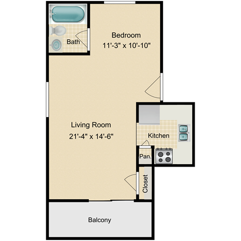 Floor plan for studio, 1 bath, 570 sqft