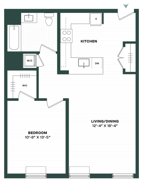 Floor plan for 1 bed, 1 bath, 700 sqft