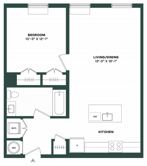 Floor plan for 1 bed, 1 bath, 677 sqft