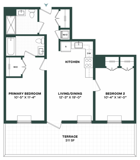Floor plan for 2 beds, 2 baths, 813 sqft