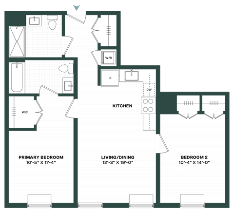 Floor plan for 2 beds, 2 baths, 813 sqft