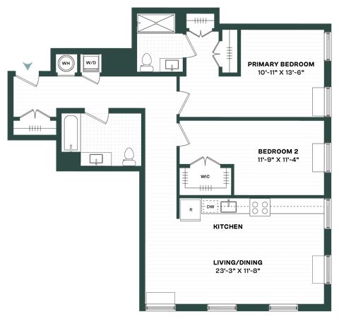 Floor plan for 2 beds, 2 baths, 1063 sqft