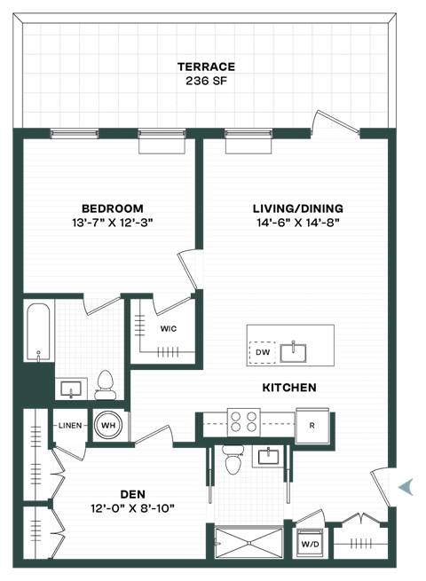 Floor plan for 1 bed, 2 baths, 946 sqft