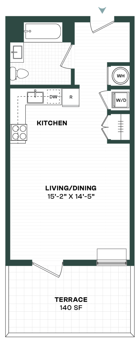 Floor plan for studio, 1 bath, 448 sqft