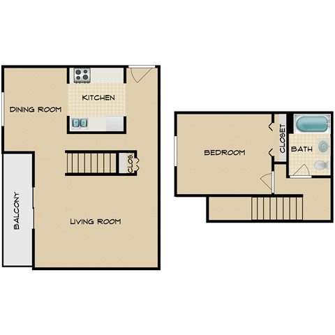 Floor plan for 1 bed, 1 bath, 730 sqft