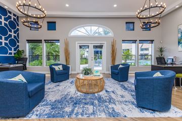 Orlando apartment for rent - A spacious living room with blue chairs and a woven basket on the rug.