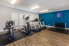 Savannah apartment for rent - A gym with a blue wall and wooden floors.