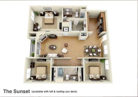 Floor plan for 3 beds, 2 baths, 1375 sqft