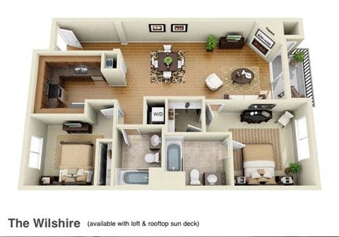 Floor plan for 2 beds, 2 baths, 1045 sqft