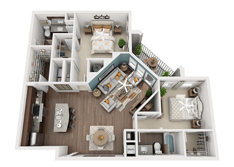 Floor plan for 2 beds, 2 baths, 1307 sqft