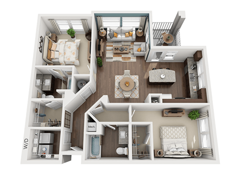Floor plan for 2 beds, 2 baths, 1199 sqft