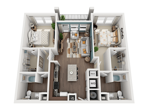 Floor plan for 2 beds, 2 baths, 1121 sqft