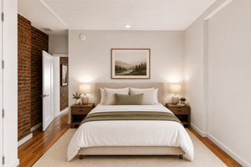 New York apartment for rent - A bedroom with a large bed and a painting on the wall.