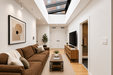 New York apartment for rent - A living room with a brown couch and a painting on the wall.