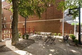 New Haven apartment for rent - A courtyard with a table and chairs and a tree.