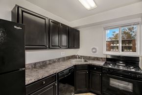 Windsor Mill apartment for rent - Kitchen with a refridgerator, gas stove and dark cabinets