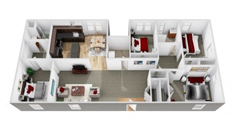 Floor plan for 4 beds, 2 baths, 680 sqft