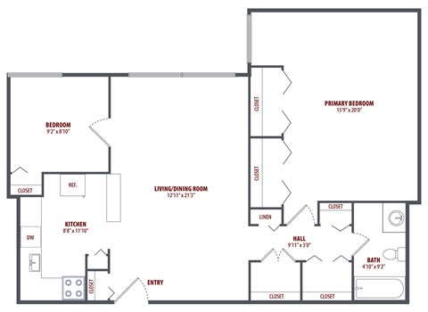 Floor plan for 1 bed, 1 bath, 864 sqft