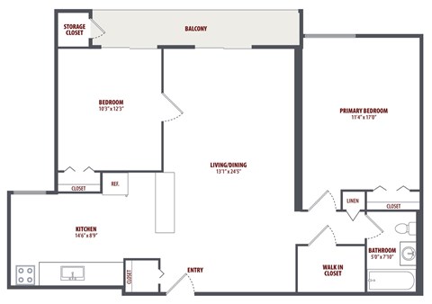 Floor plan for 2 beds, 1 bath, 1192 sqft