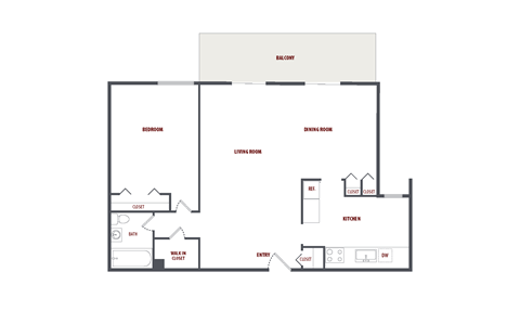 Floor plan for 1 bed, 1 bath, 864 sqft