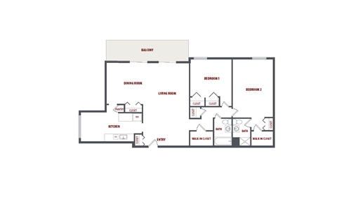 Floor plan for 2 beds, 2 baths, 1216 sqft