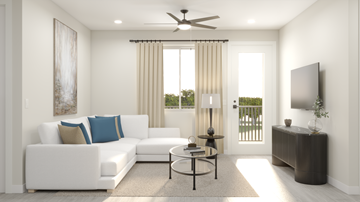 Sacramento apartment for rent - A living room with a white couch and a ceiling fan.