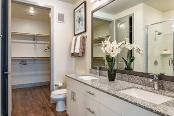 A bathroom with double sink, granite countertops and a large mirror