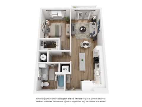 Floor plan for 1 bed, 1 bath, 633 sqft