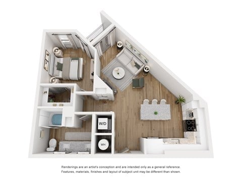 Floor plan for 1 bed, 1 bath, 683 sqft