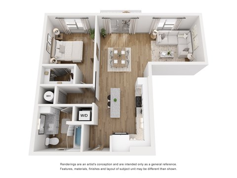 Floor plan for 1 bed, 1 bath, 768 sqft
